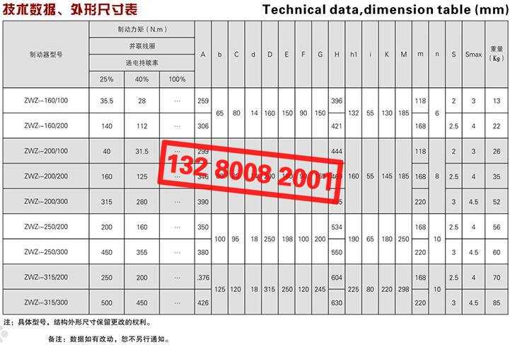 ZWZ3系列直流電磁鼓式制動(dòng)器技術(shù)數(shù)據(jù)、外形尺寸表